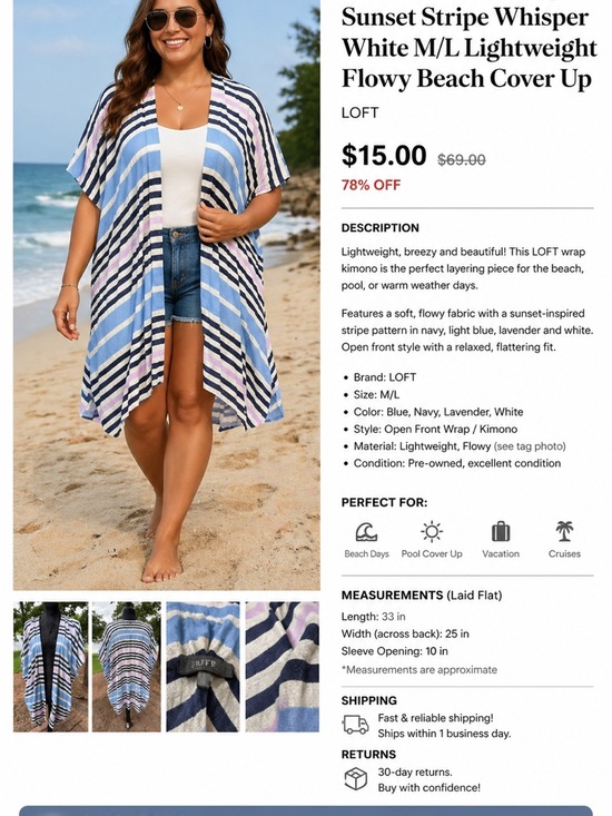 loft Tops - Loft Women’s Wrap Sunset Stripe Whisper White M/L lightweight Flowy beach cover